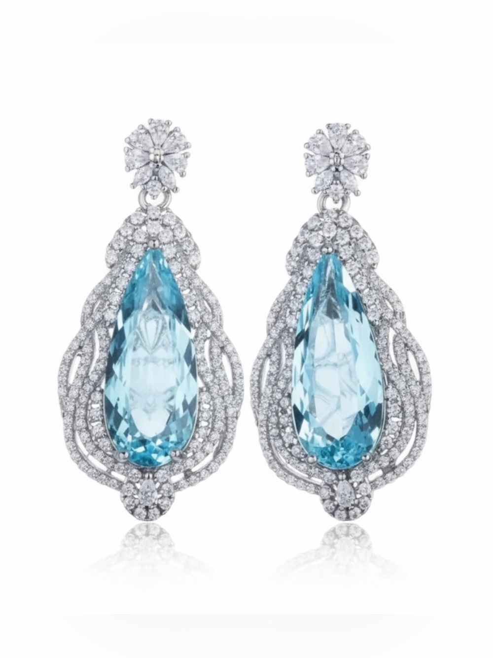 SILVER BLUE CZ VICTORIAN STYLE DROP EARRINGS